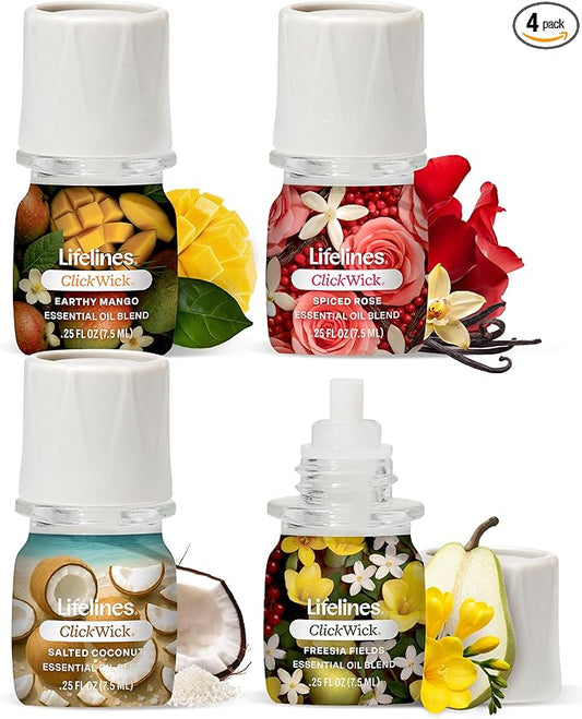 ClickWick Essential Oil Blends for Lifelines Diffusers, 4-Pack Lush Earth Collection - Essential Oil Blend Refill for Candle, Plant & Shower Aromatherapy Diffuser - Fragrance for Diffusers - Bloomnest