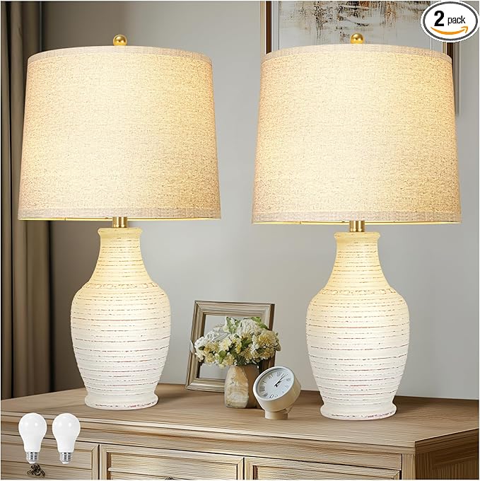 Scenekoy 23" Ceramic Table Lamps Set of 2 with 3-Way Dimmable Bulb,Rotary Switch,Lamps for Living Room,Bedside Lamp with Linen Shade,Nightstand Lamps of 2 for Living Room Bedroom(Bulb Included) - Bloomnest