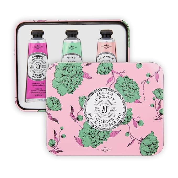 La Chatelaine Rose Hand Cream Trio Tin Gift Set, Ready-To-Gift Tin, Nautral, Made in France with 20% Organic Shea Butter, Nourishing and Moisturizing (Cherry Almond, Pear, Oud Rose) - Bloomnest
