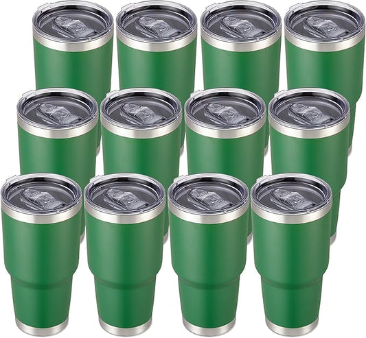 30 oz Tumbler with Lid Stainless Steel Tumblers Bulk Vacuum Insulated Cup Reusable Powder Coated Travel Mug Double Wall Leak Proof Cups Keep Cold Drinks for 12 Hours Dark Green, Set of 12