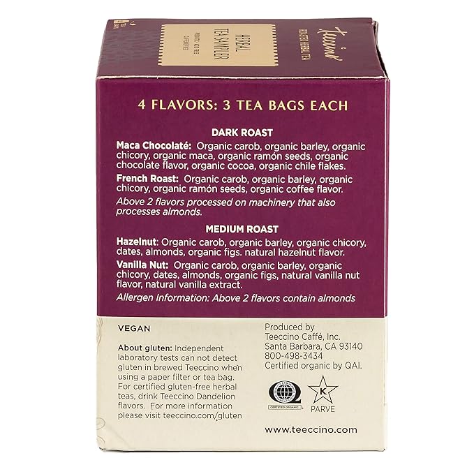 Teeccino Herbal Tea Sampler Assortment - 12 Tea Bags - Maca Chocolaté, French Roast, Hazelnut, Vanilla Nut - Roasted Caffeine Free Herbal Tea, Prebiotic for Natural Energy - Bloomnest