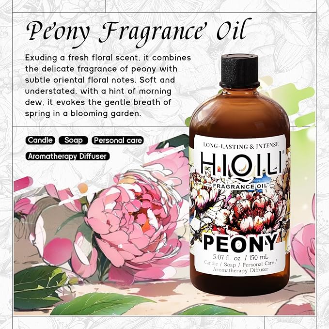 HIQILI Peony Fragrance Oil for Home Diffuser, Idea for Making Candle, Women's Perfume, Car Air Freshener, Skin & Body Care - 5.07 Fl Oz HIQILI