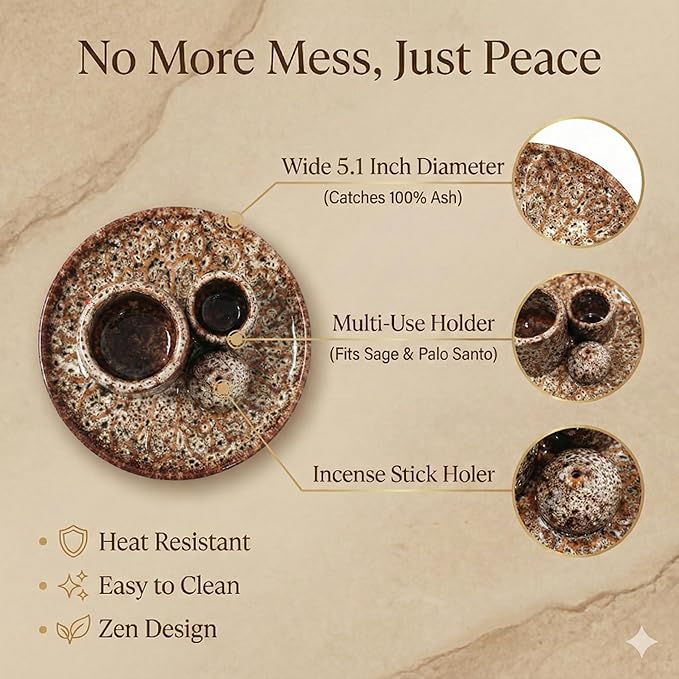 Palo Santo Sticks Holder, Multi-Purpose Handmade Ceramic Incense Burner for Palo Santo Incense Sticks, Sage Holder for Burning, Ash Catcher Tray for Meditation Yoga Room-Brown White ToolSentryX
