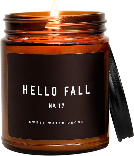 Sweet Water Decor Hello Fall Candle - Cinnamon Apples Cloves & Nutmeg Fall Scented Candle for Home Decor - 100% Cotton Wick Soy Wax Candles with 40 Hour Burn Time - Made in The USA - 9oz Amber Jar - Bloomnest