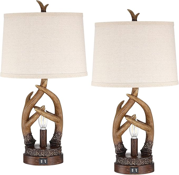 Rustic Table Lamps Farmhouse Antler Lamps Set of 2 Western Bedside Lamps for Bedroom with USB Charging Ports Nightlight,Vintage Resin Nightstand Table Lamps for Living Room (Bulbs Included) - Bloomnest