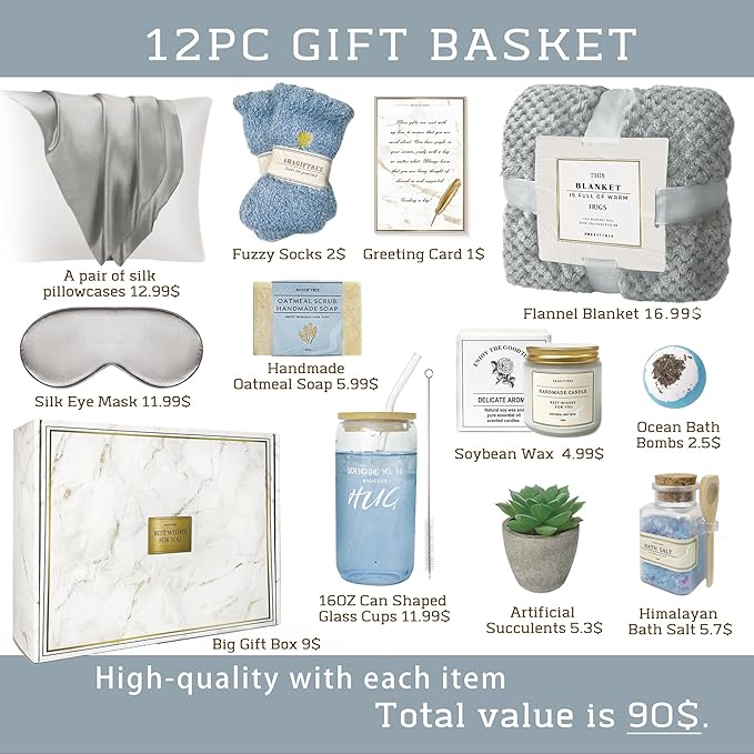 Get Well Soon Gift Baskets For Women,12PC Get Well Gifts for Women After Surgery,Birthday,Care Package,Grief,Sympathy Gifts,Condolences Gift Basket (grayish) - Bloomnest
