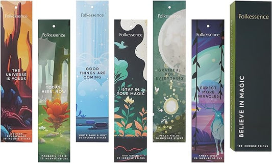 Folkulture Incense Sticks | Set of 6 (120 Non Toxic Insence-Sticks) with 45 Mins Burn Time | White Sage, Sandalwood, Oud Orient, Amber Space, Peach Fields | Organic Inscents-Stick Gift for Her