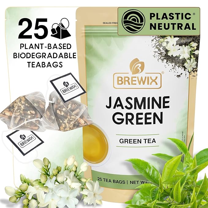 BREWIX, Jasmine Green Tea (25 Pyramid Tea Bags) | High Grown Green Tea from Himalayas with Jasmine | Caffeinated Tea Loose Leaf | High Elevation Grown - Bloomnest