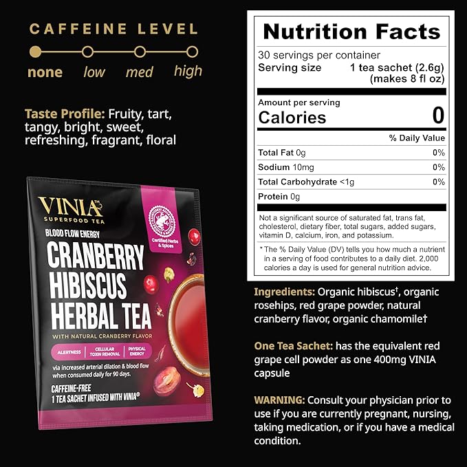VINIA Cranberry Hibiscus Herbal Tea Bags, Made with Organic Herbal Tea, Infused with Piceid Resveratrol for Heart Health, Nitric Oxide, Physical Energy, Alertness, Blood Flow, Keto, Kosher, NON-GMO. 30 Ct - Bloomnest