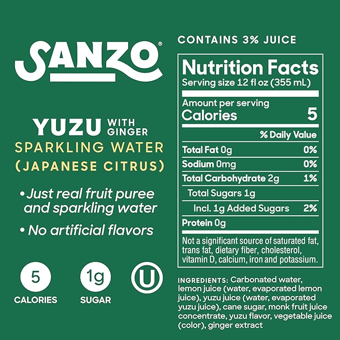 Sanzo Flavored Sparkling Water - Yuzu Lemon Seltzer (with Ginger) - Low Calorie Low Sugar Soda - Craft Asian Drinks - Vegan Gluten Free Carbonated Flavored Water - Fizzy Healthy Drinks - 12oz, 12 Pack - Bloomnest