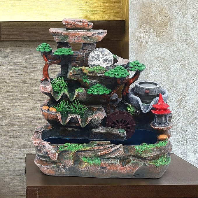 Creative Tabletop Water Fountain with LED Light & Atomizer, Indoor Waterfall Home Decor Best Festival Birthday Gift for/Boys, 10Inch Desktop Small Mini Size, Stream Rock Cavern Falls Bonsai - Bloomnest