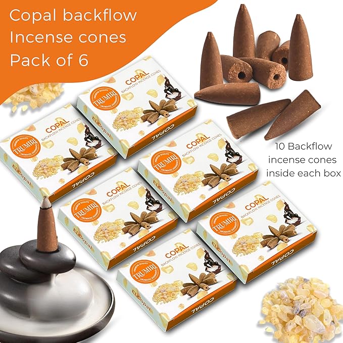 Copal Backflow Incense Cones - 60 Cones, Six Packs of 10, Waterfall Effect TRUMIRI