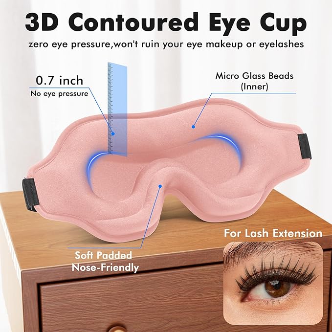 Weighted Eye Mask for Sleeping, 3D Contoured Sleep Mask Blackout with Adjustable Strap, Lash Extensions Sleeping Mask for Travel, Eye Cover Blindfold for Men Women (Pink, 4.6oz) - Bloomnest