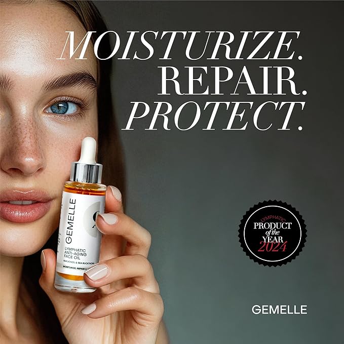 GEMELLE Lymphatic Anti-Aging Face Oil | 10x Award Winner | Vitamin C,E,A | Moisturize, Repair & Protect | Premium Natural Botanical Oil | Use with Face Massage, Lymphatic Drainage Massager - 30ml - Bloomnest