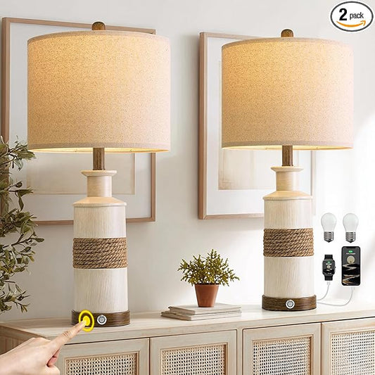 BOBOMOMO 24.5" Farmhouse Boho Table Lamps Set of 2, Hand-Woven Rattan Bedside Lamps with 3-Way Dimmable Touch Control & USB A+C Ports, Nightstand Lamp for Bedroom, Living Room, Corner (Bulbs Included) - Bloomnest