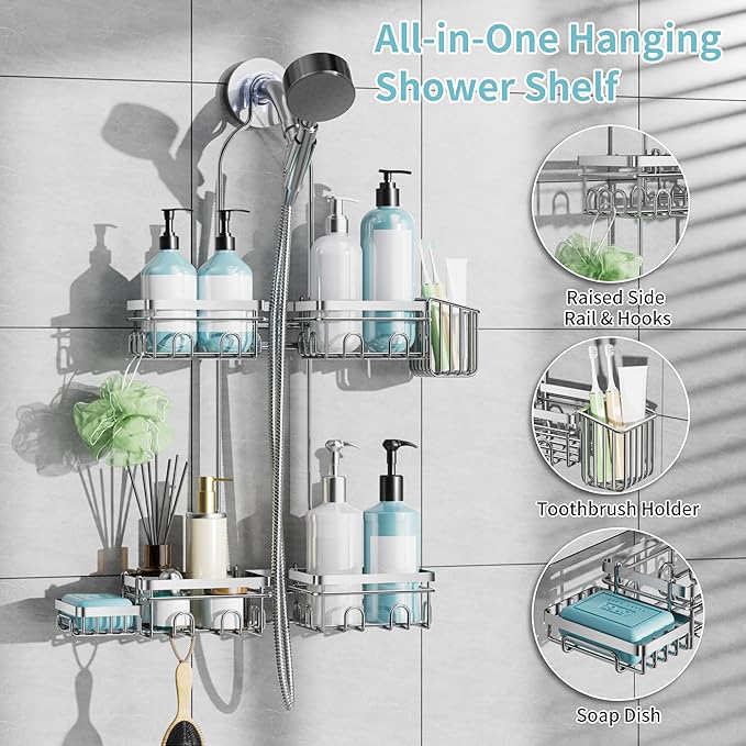 KEGII Shower Caddy Hanging for Handheld Showerheads, Rustproof Hanging Shower Organizer with Soap Dish, Toothbrush Holder and Hooks, Over Showerhead Caddy for Bathroom, Silver - Bloomnest