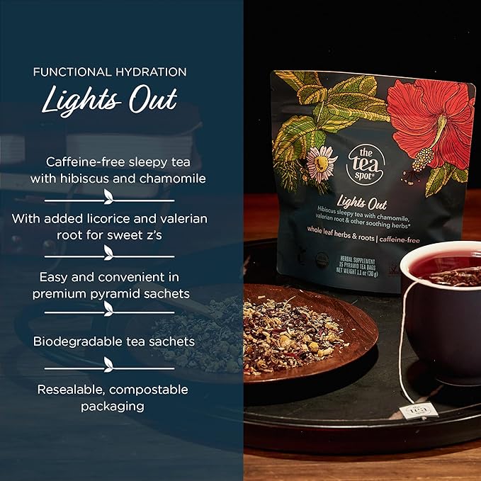 The Tea Spot Organic Lights Out Tea with Valerian Root Relaxation | Blend of Hibiscus, Peppermint, Chamomile, Lavender, Licorice Root & Valerian Root | Caffeine-Free 15 Tea Bags, Pack of 1 - Bloomnest