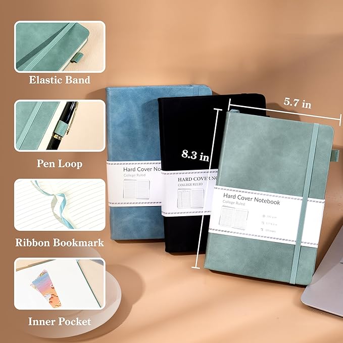 CAGIE 3 Pack Journals Notebooks for Women Men Thick Lined Journaling Notebooks A5 Leather Journals for Writing Hardcover Journal Supplies Diary, Green& Black& Blue - Bloomnest