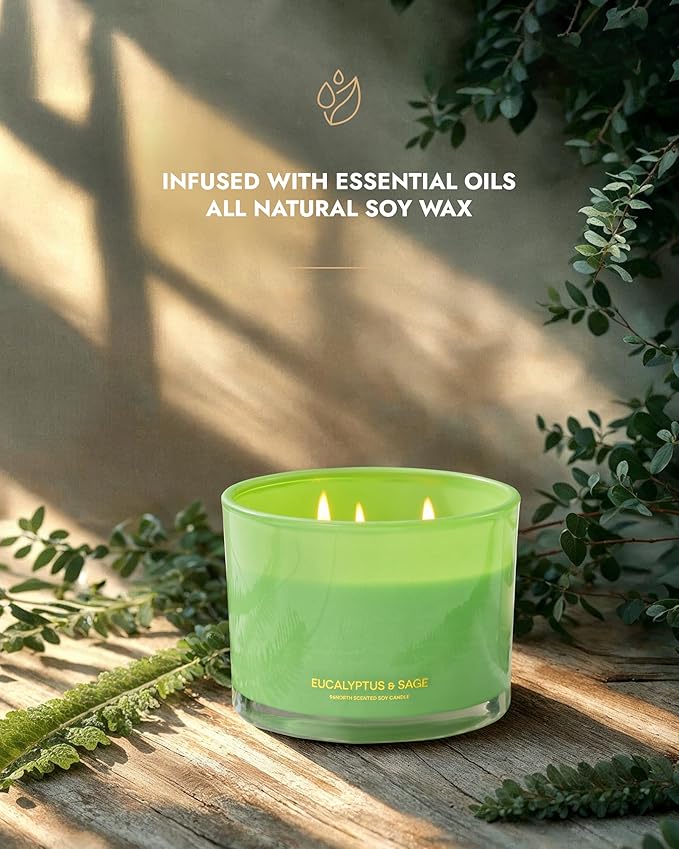 96NORTH Luxury Eucalyptus & Sage Soy Candle | Large 3 Wick Jar Candle | Up to 50 Hours Burning Time | 100% Natural Soy Wax | Housewarming Gift for Men and Women - Bloomnest