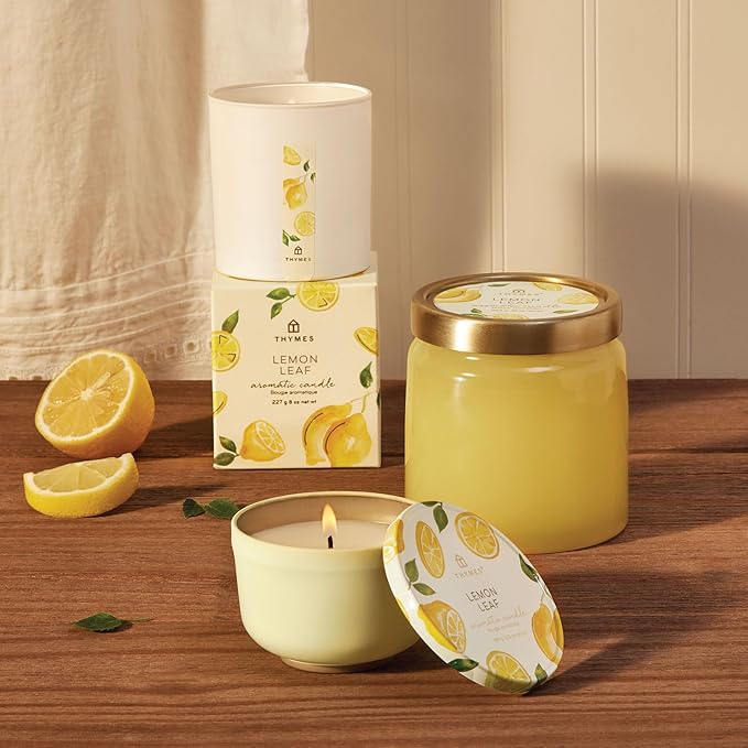 Thymes Scented Candles for Women & Men – Tin with Lid – Luxury Home Decor – Citrus Candles with Notes of Lemon Verbena, White Wood Accord, Lily of The Valley & Bergamot Oil (Lemon Leaf, 6.5 oz) - Bloomnest