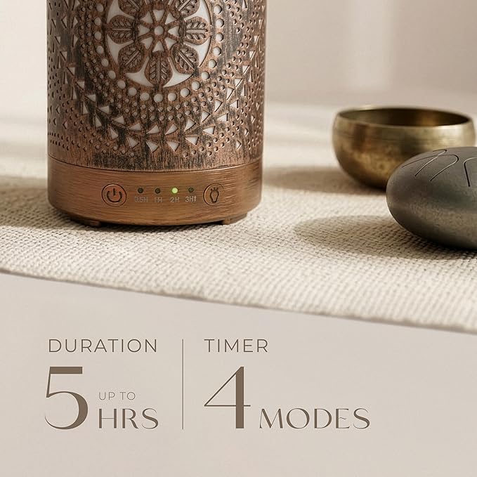 Earnest Living Essential Oil Diffuser Metal Diffuser 100 ml Timers Night Lights and Auto Off Function Home Office Humidifier Aromatherapy Boho Decor Gift EarnestLiving