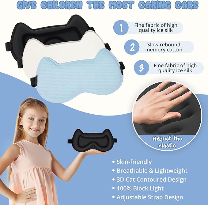 Kids Sleep Mask: 3D Contoured Cup Eye Mask, Blindfold with Adjustable Strap, Kids Eye Cover for Boys, Girls, Teens, Pressure-Free with Memory Foam Face Mask (Blue) - Bloomnest