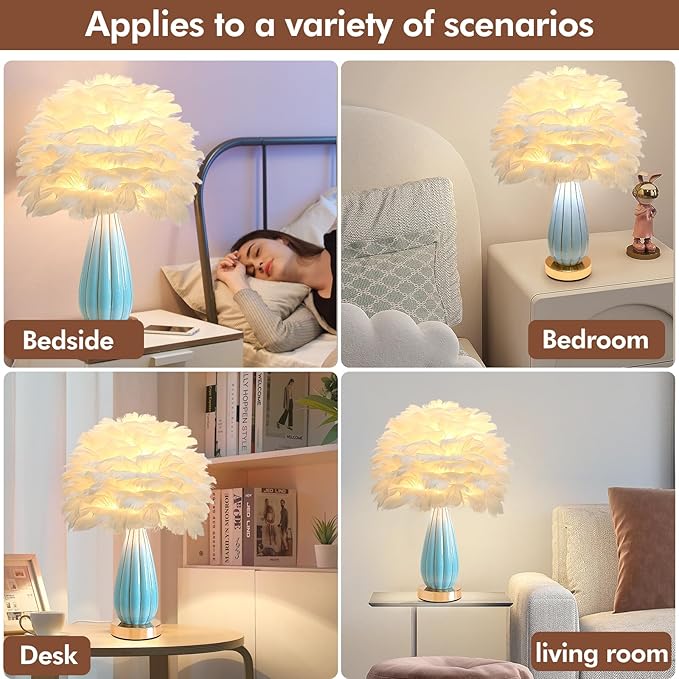 Chic White Feather Lamp Creative Feather Bedside Lamp Princess Nightstand Table Lamp Deco Romantic Atmosphere Desk Light for Cute Girl Bedroom Wedding Gift Living Room Hotel Ceramic Body - Bloomnest