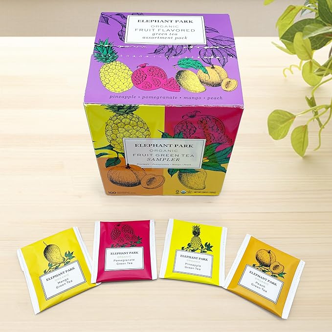 Premium Organic Fruit Green Tea Sampler, 100 Count Assorted Tea Bags, Caffeinated & Herbal Variety Pack Pineapple, Pomegranate, Mango, Peach Flavors - Bloomnest