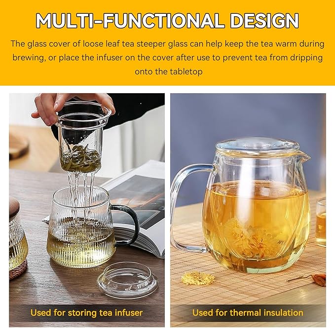 Glass Tea Infuser with Dual-Purpose Lid/Coaster for Teabloom, Glass Tea Strainers for Loose Tea-leaves, Universal Steeper for Teapots, Mug, Bottle, Cup, Travel Tumblersm Microwave & Dishwasher Safe - Bloomnest