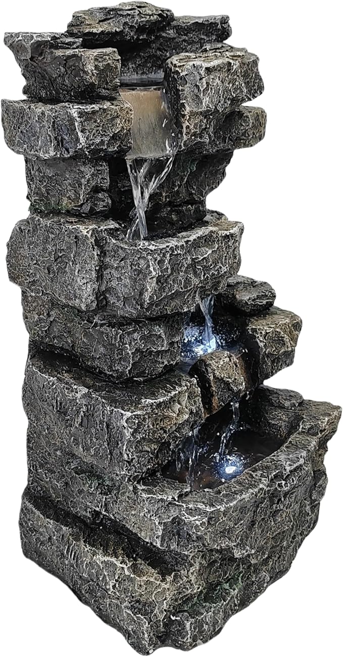Tabletop Rock Waterfall Fountain with Led Lights - Indoor Decorative Desk Water Fountain, Multi-Tier Design, Quiet and Soothing, 6.29" l x 4.33" w x 11.02" h