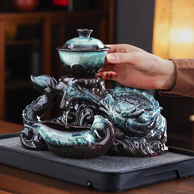 Semi Automatic Tea Set Ceramic Teapot with Infuser Magic Teapot with 8 cups Gradient Color (Gradient Dragon- D) - Bloomnest