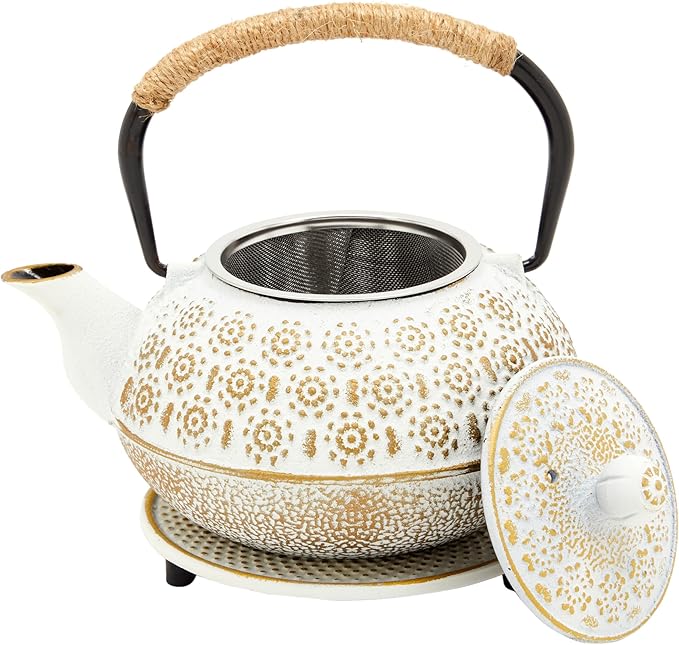 Juvale Stovetop Cast Iron Tea Kettle with Infuser - Superior Heat Retention Loose Leaf Tea Pot - Built-In Teapot with Strainer - Includes Trivet & Infuser Kettle - White, 27 Oz (800 ml) - Bloomnest
