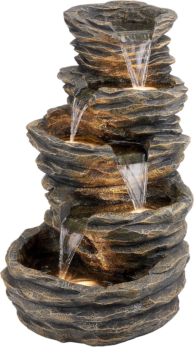 Alpine Corporation GIL110 Outdoor 5 Tiered Natural Look Rock Water Floor Fountain with Replaceable Lights,39" H, Brown - Bloomnest