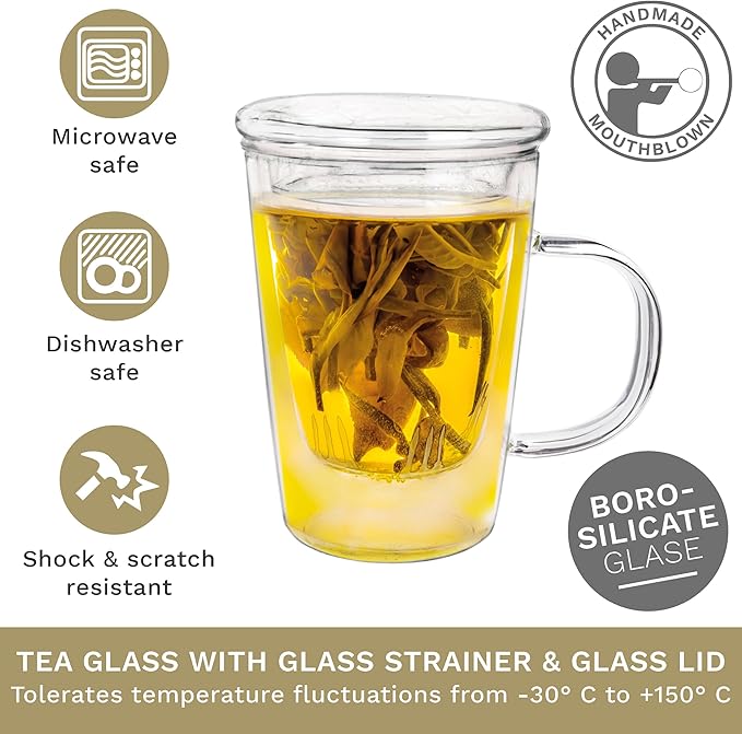 Creano Tea Glass 400 ml – Large Tea Cup with Strainer and Glass Lid – An ideal Tea Maker - Bloomnest