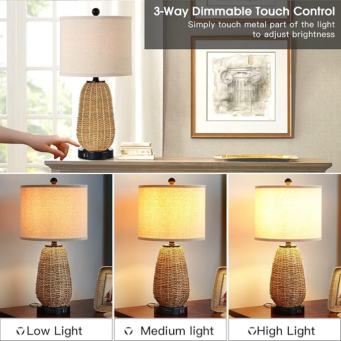 Touch Control Rattan Table Lamps, 3 Way Dimmable Bedside Lamps for Bedroom Set of 2 with 2 USB Ports and AC Outlet, Grass Rope Nightstand Lamps for Living Room Office (2 LED Bulbs Included) - Bloomnest