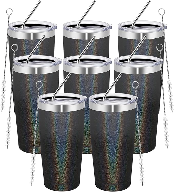 MEWAY 20oz Tumbler 8 Pack Double Wall Vacuum Insulated Travel Glitter Mug Bulk, Stainless Steel Tumblers with Lid and Straw, Powder Coated Coffee Cups for Woman(Gradient Black or Navy,Set of 8) - Bloomnest