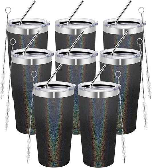 MEWAY 20oz Tumbler 8 Pack Double Wall Vacuum Insulated Travel Glitter Mug Bulk, Stainless Steel Tumblers with Lid and Straw, Powder Coated Coffee Cups for Woman(Gradient Black or Navy,Set of 8) - Bloomnest