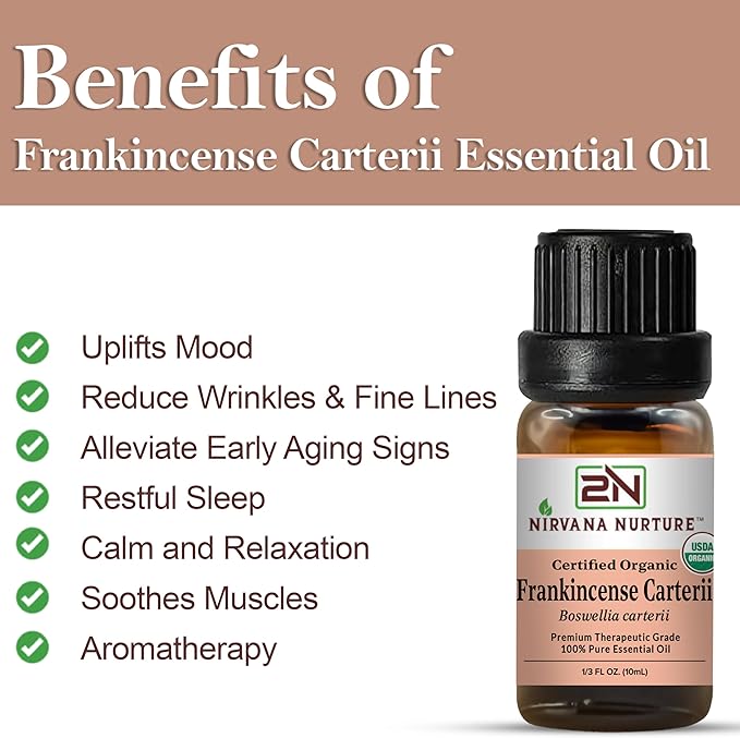 Frankincense Carterii Essential Oil, USDA Certified Organic, 100% Pure Undiluted, Aromatherapy Oil for Diffuser, Hair & Skin Care NirvanaNurture