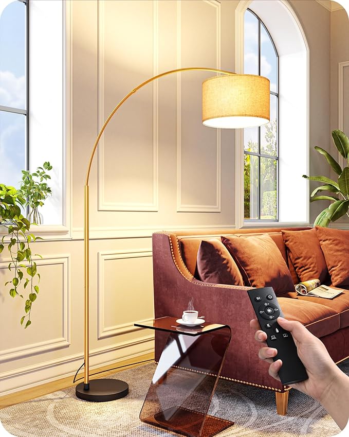 EDISHINE 78.3" Gold Arched Floor Lamp with Remote, Mid Century Modern Reading Light Over Chair, Tall Arc Standing Lamp for Living Room, Home Office, Reading Room, Dining Room, Dimmable Bulb Included - Bloomnest