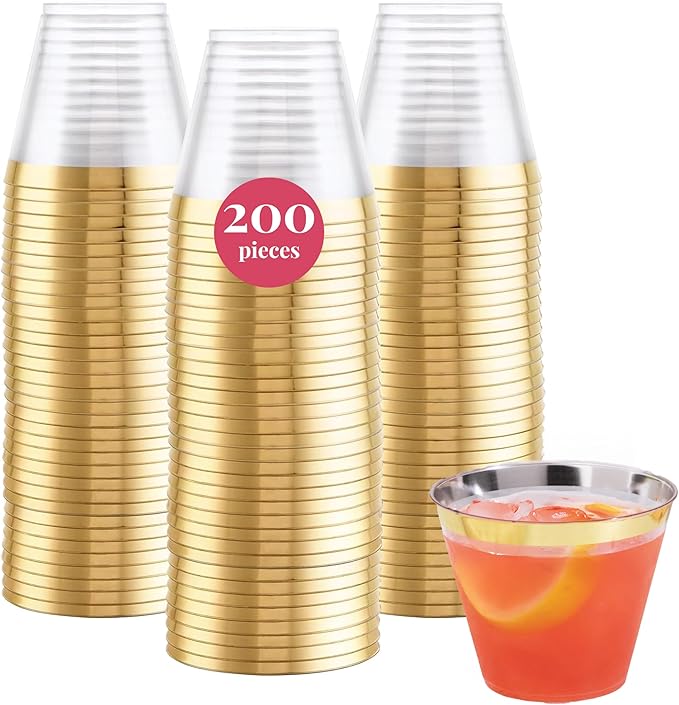 Prestee Hard Disposable Cups - Heavy Duty Fancy Plastic Cups - Plastic Cocktail Drinkware - Disposable Drinking Cup 9 oz - Bulk Drinking Glasses for Wedding - 200ct Gold Tumblers - Bloomnest