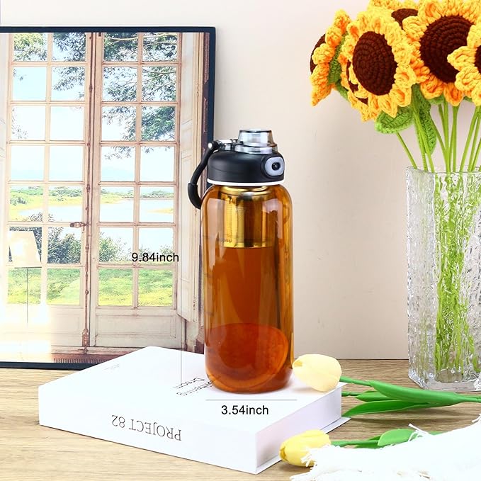 34oz tea bottle with infuser - Large Capacity Glass Water Bottle, With Time Mark, Stainless Steel Tea Strainer,Sleeve, BPA Free,For hot or cold drinks, coffee, tea and water - Bloomnest