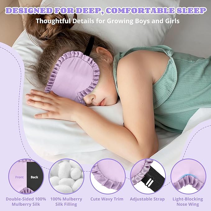 Kids Sleep Mask Eye Cover, 100% Real Mulberry Silk Sleep Mask with Adjustable Strap, Kids Blindfold for Sleeping, Boys Girls Eye Shade for Ages 5+, Soft and No Pressure (Purple) - Bloomnest