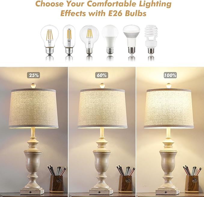 27.5" Set of 2 Farmhouse Table Lamps for Bedroom, 3 Way Dimmable Bedside Lamp with 2 USB +AC Outlet Nightstand Lamps for Living Room Resin Rustic Touch Lamps (Antique Beige) - Bloomnest
