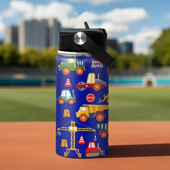 Kids Water Bottle with Straw Construction Insulated Water Bottles 12oz Stainless Steel Travel School Tumbler Double Wall Vacuum Cup for Boys Kid - Bloomnest