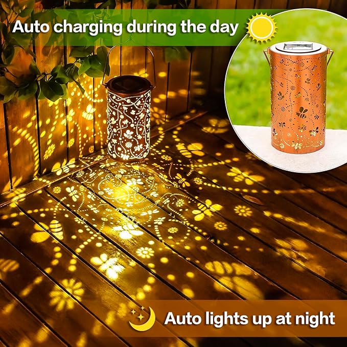 Bee Solar Lanterns Outdoor Waterproof Hanging Solar Lights Bee Gifts for Women Men Metal Decorative LED Bee Lanterns for Garden Decor,Yard,Patio,Lawn,Tabletop,Pathway,Landscape - Bloomnest