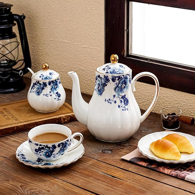 Tea Pot, Porcelain Teapot 37oz,tea pots for tea party,Tea Infuser Pots for Blooming loose Leaf Tea (White with blue flower) - Bloomnest