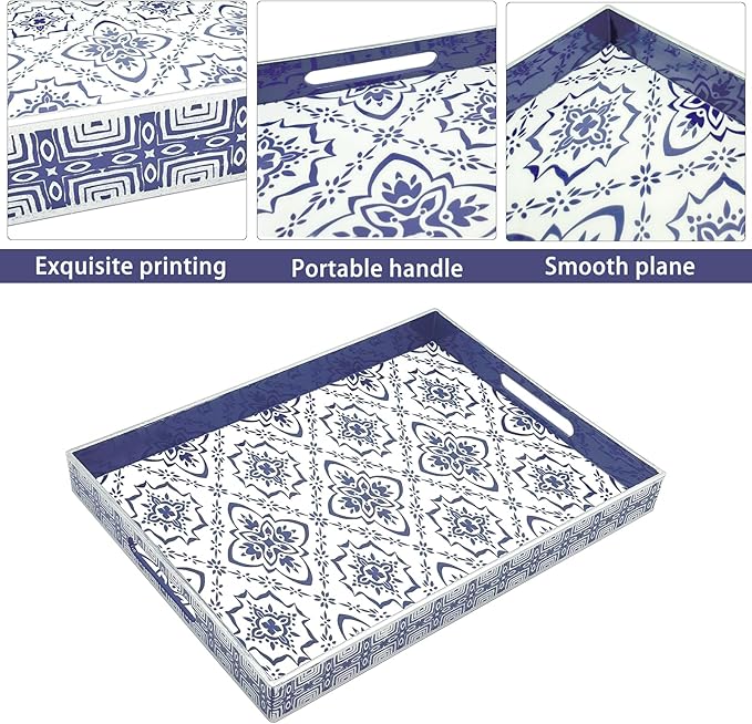 Serving Tray with Handles, 15.7 * 11.8 inches, Plastic Ottoman Tray with Exquisite Paintings, Trays for Coffee Table - Bloomnest