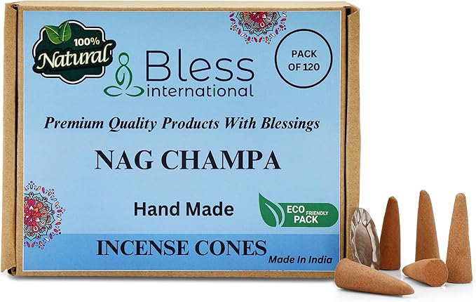 Bless-International Nag Champa 100%-Natural-Incense-Cones Handmade-Hand-Dipped Organic-Chemicals-Free for-Purification-Relaxation-Positivity-Yoga-Meditation The-Best-scents (120 Count) BlessInternational
