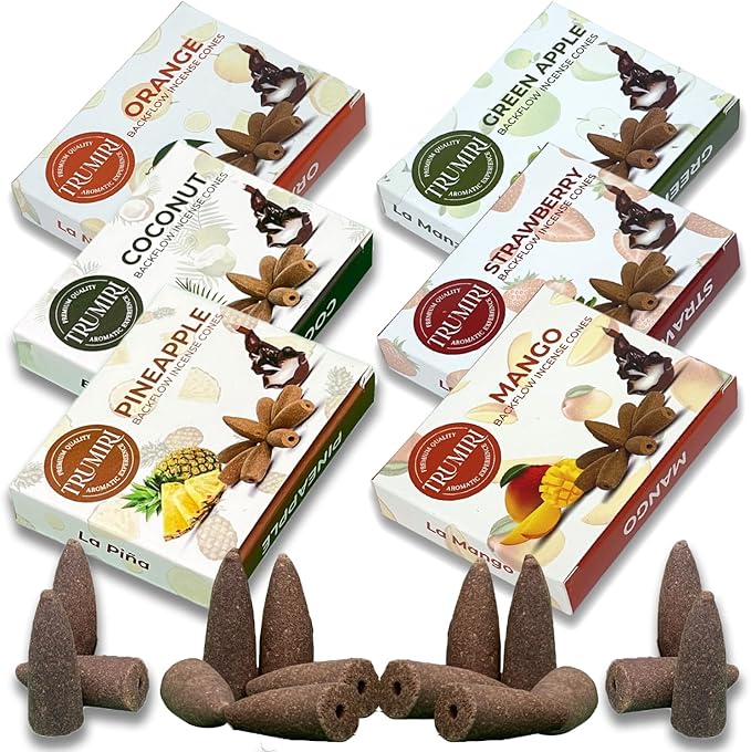 Fruity - Backflow Incense Cones for Waterfall - Scented Inscents-Cones - Pineapple, Strawberry, Coconut, Mango, Apple, Orange - Insiensos Aromaticos - 6x10=60 Large Variety Pack