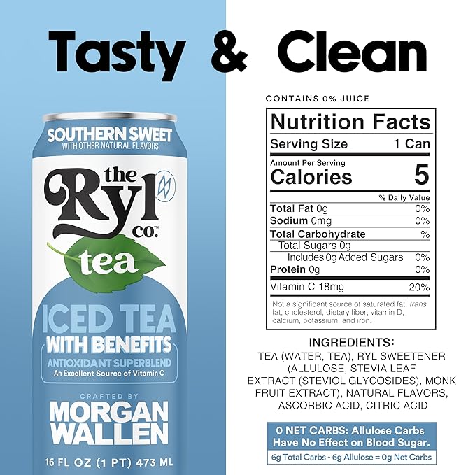 Ryl Iced Tea, Wallen's Sweet, Antioxidant Superblend, Zero Sugar, Low Carb, Low Calorie Iced Tea, 16.0 Fl Oz (4-Pack) - Bloomnest